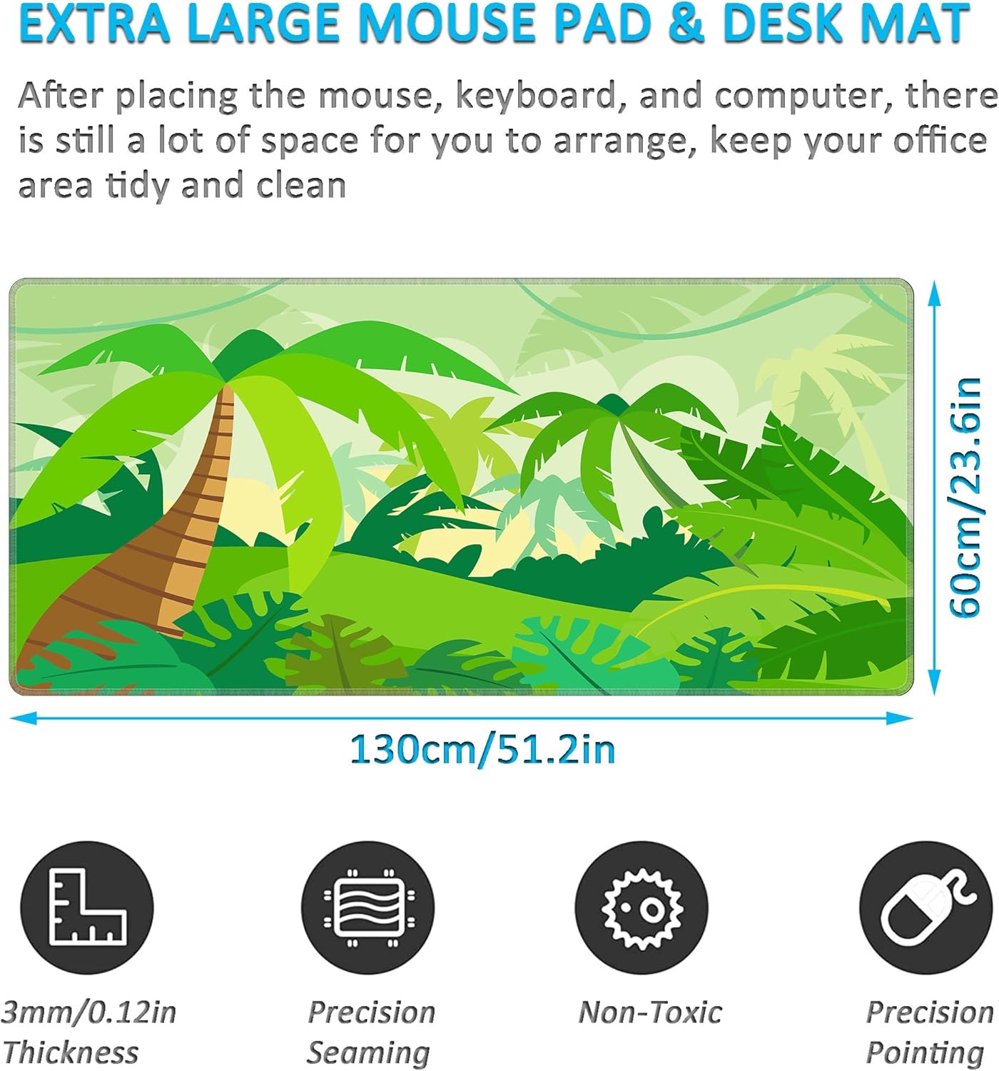 LL-COEUR Green Plant Extended Mouse Mat 51.2"x23.6"x0.12" Laptop Keyboard Pad with Non-Slip Rubber Base Long Desk Topper Mat for Gaming Office Home XL - Image 2